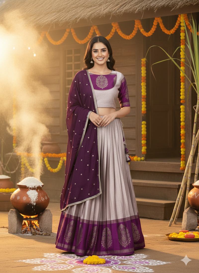 South Indian Pattu Half Saree | Festive Kanjivaram Silk Lehenga Choli – Stitched