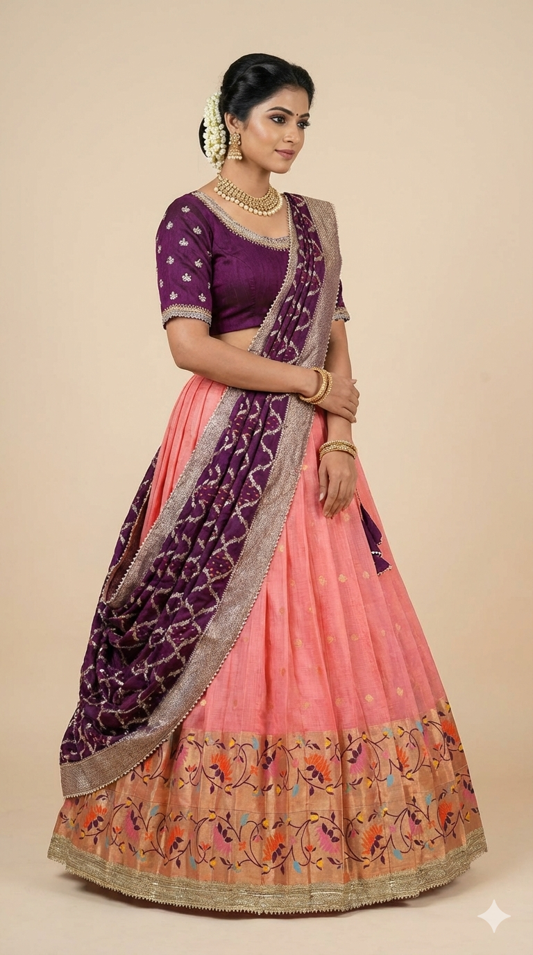Luxurious Kota Checks Lehenga with Rich Paithani Border & Designer Maggam Work Blouse