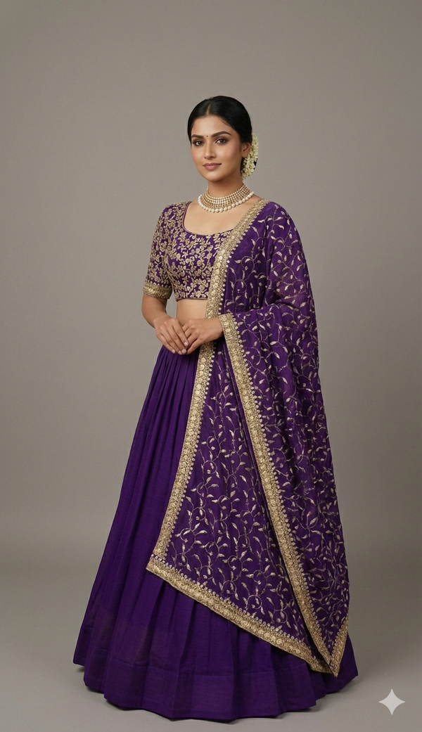 Luxurious Purple Vichitra Silk Stitched Lehenga with Maggam Work Blouse & Designer Dupatta