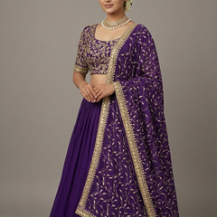 Luxurious Purple Vichitra Silk Stitched Lehenga with Maggam Work Blouse & Designer Dupatta