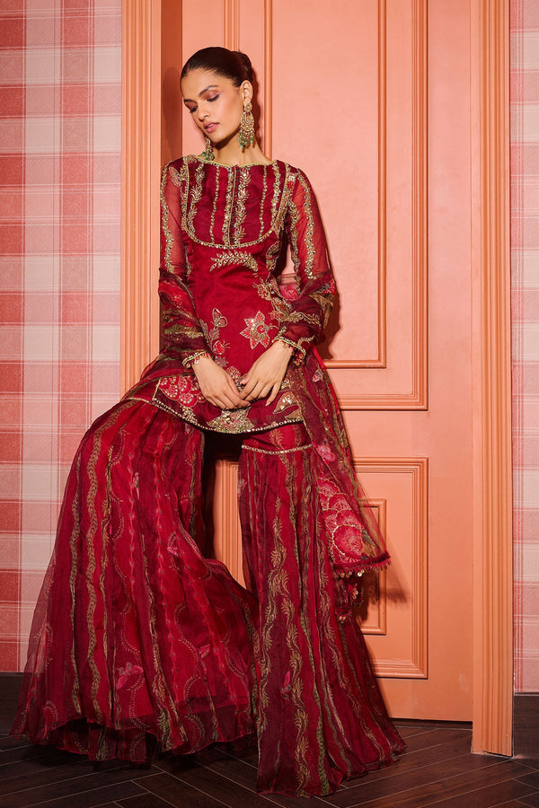 Sindoori Red Organza Gharara Set with Heavy Embroidery