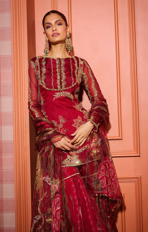 Sindoori Red Organza Gharara Set with Heavy Embroidery