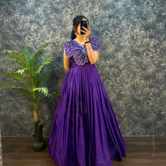 Designer chinon silk gown with butterfly pattern