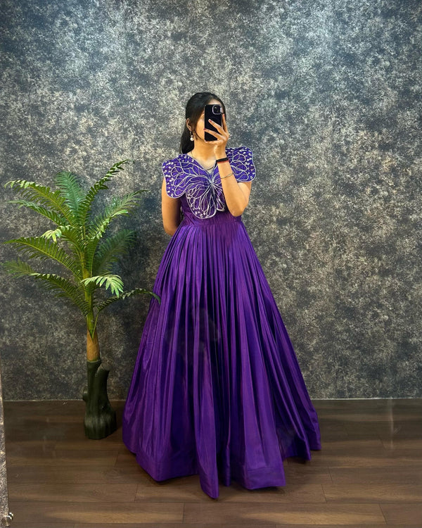 Designer chinon silk gown with butterfly pattern