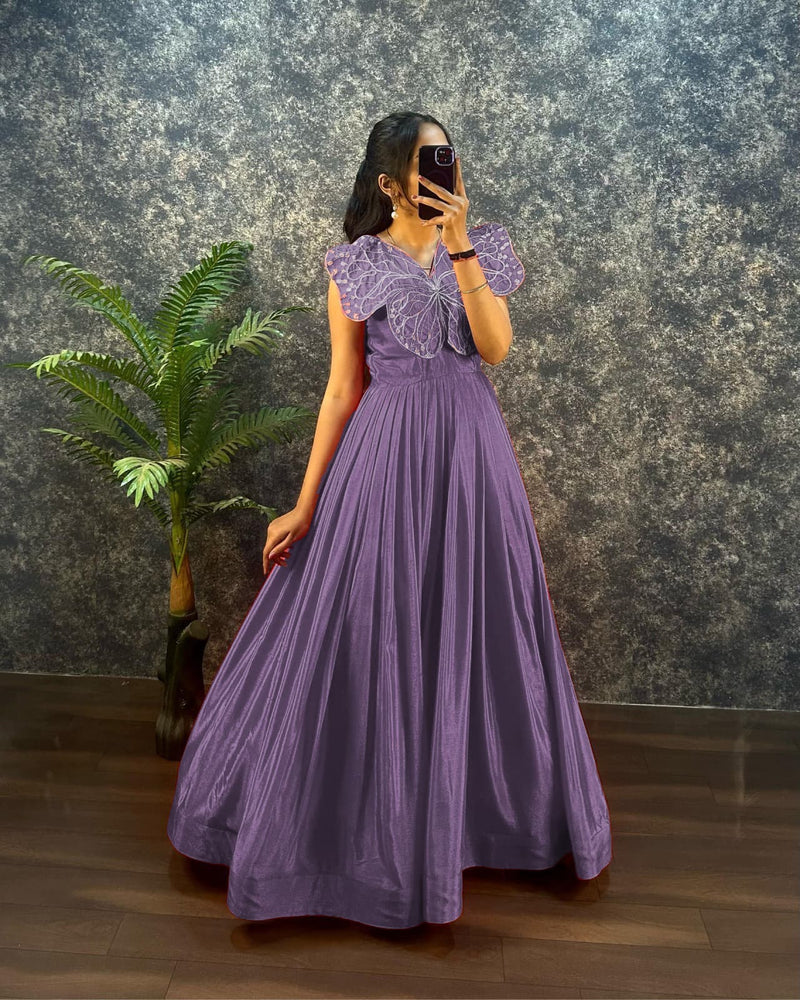 Designer chinon silk gown with butterfly pattern