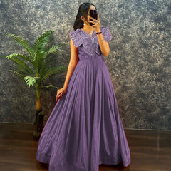 Designer chinon silk gown with butterfly pattern