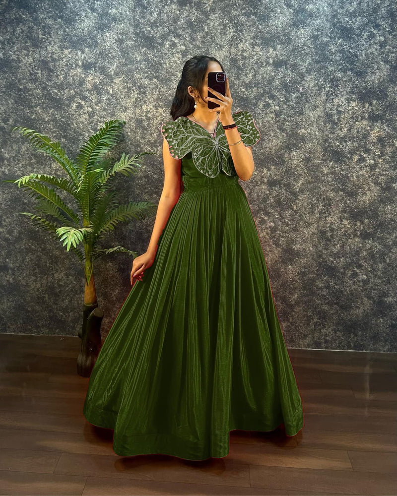 Designer chinon silk gown with butterfly pattern