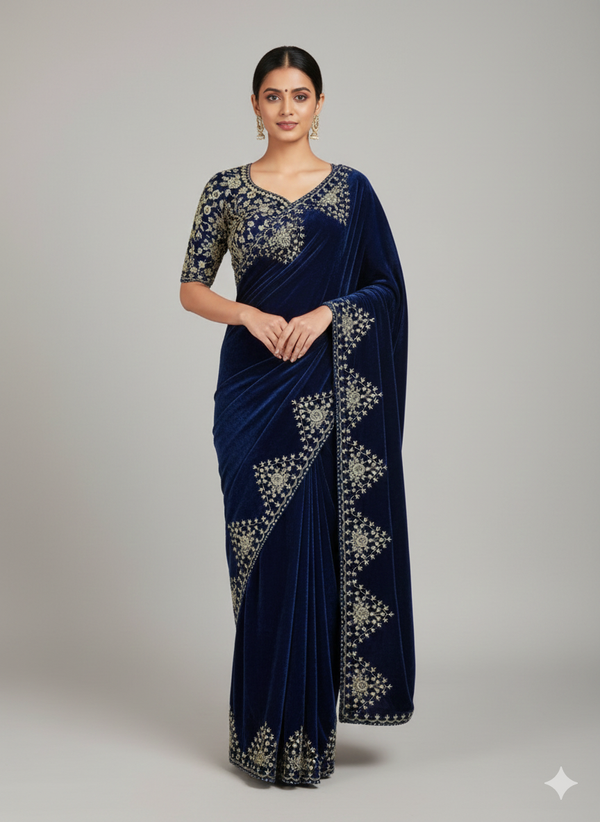 Celebrity Inspired Janhvi Kapoor Navy blue Pure 9000 velvet Saree with Embroidery Blouse ( Wedding Special ) 