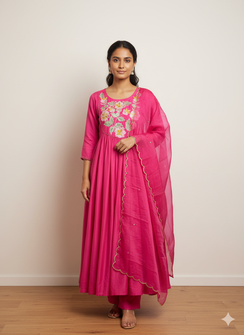Festive Hot Pink Chanderi silk Anarkali Dress for Wedding & Party Wear