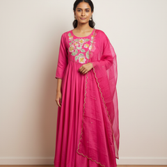 Festive Hot Pink Chanderi silk Anarkali Dress for Wedding & Party Wear