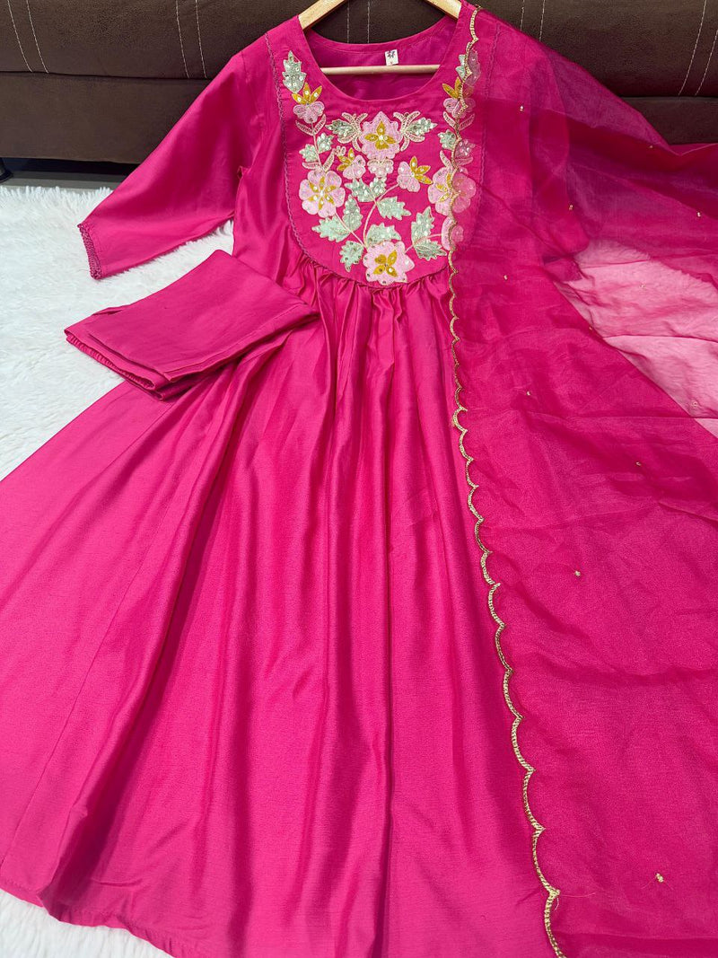 Festive Hot Pink Chanderi silk Anarkali Dress for Wedding & Party Wear