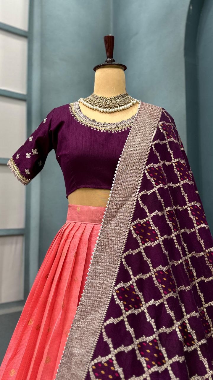 Luxurious Kota Checks Lehenga with Rich Paithani Border & Designer Maggam Work Blouse