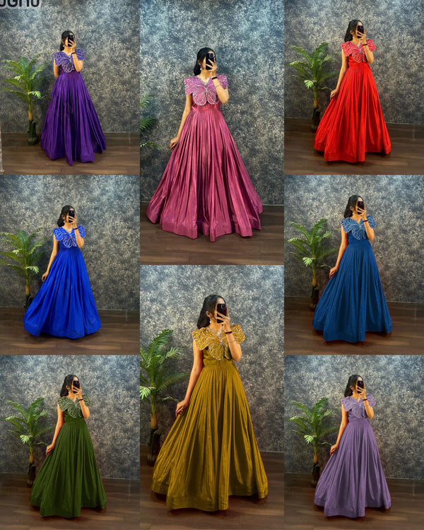 Designer chinon silk gown with butterfly pattern