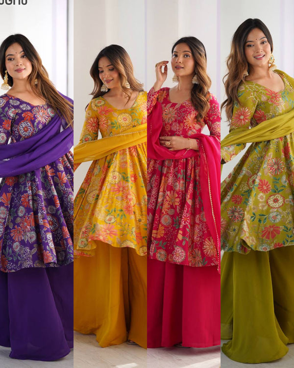 Pure soft romansilk kediya style kurta with sharara and dupatta