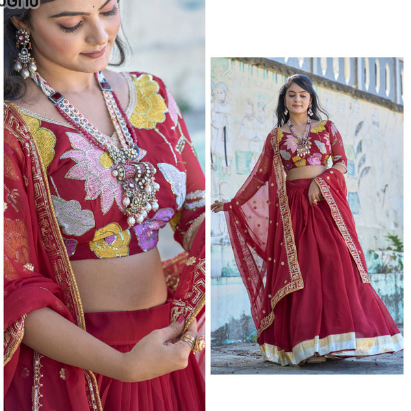 Elegant maroon lehenga choli with intricate swastik and elephant border in dupatta!
