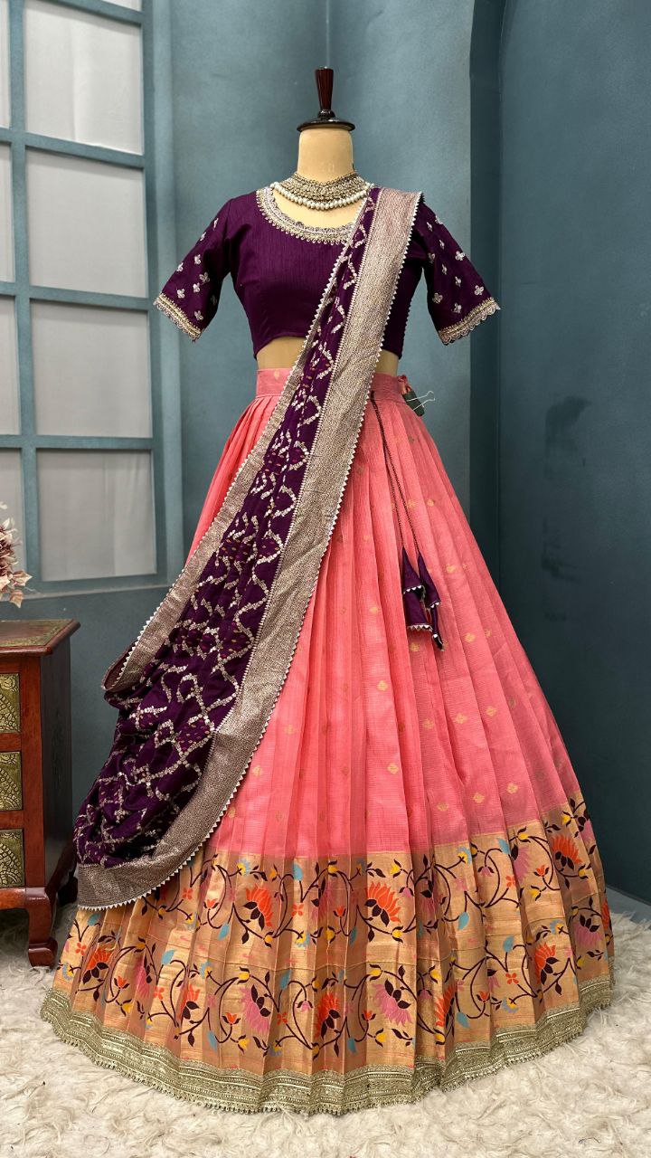 Luxurious Kota Checks Lehenga with Rich Paithani Border & Designer Maggam Work Blouse_2