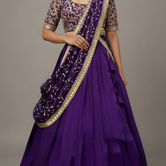 Luxurious Purple Vichitra Silk Stitched Lehenga with Maggam Work Blouse & Designer Dupatta
