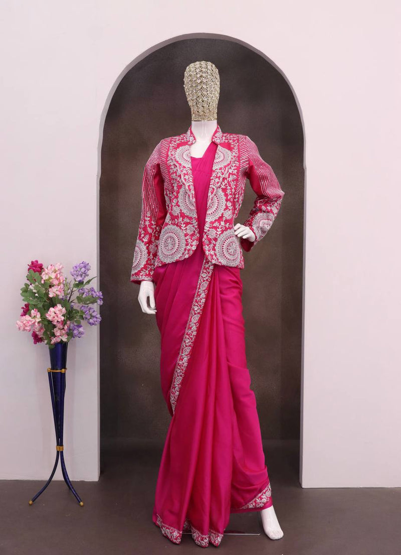 Pink Ready-to-Wear Heavy Rangoli Silk Saree with Embroidered Sequence Jacket (Koti) | 7 colours