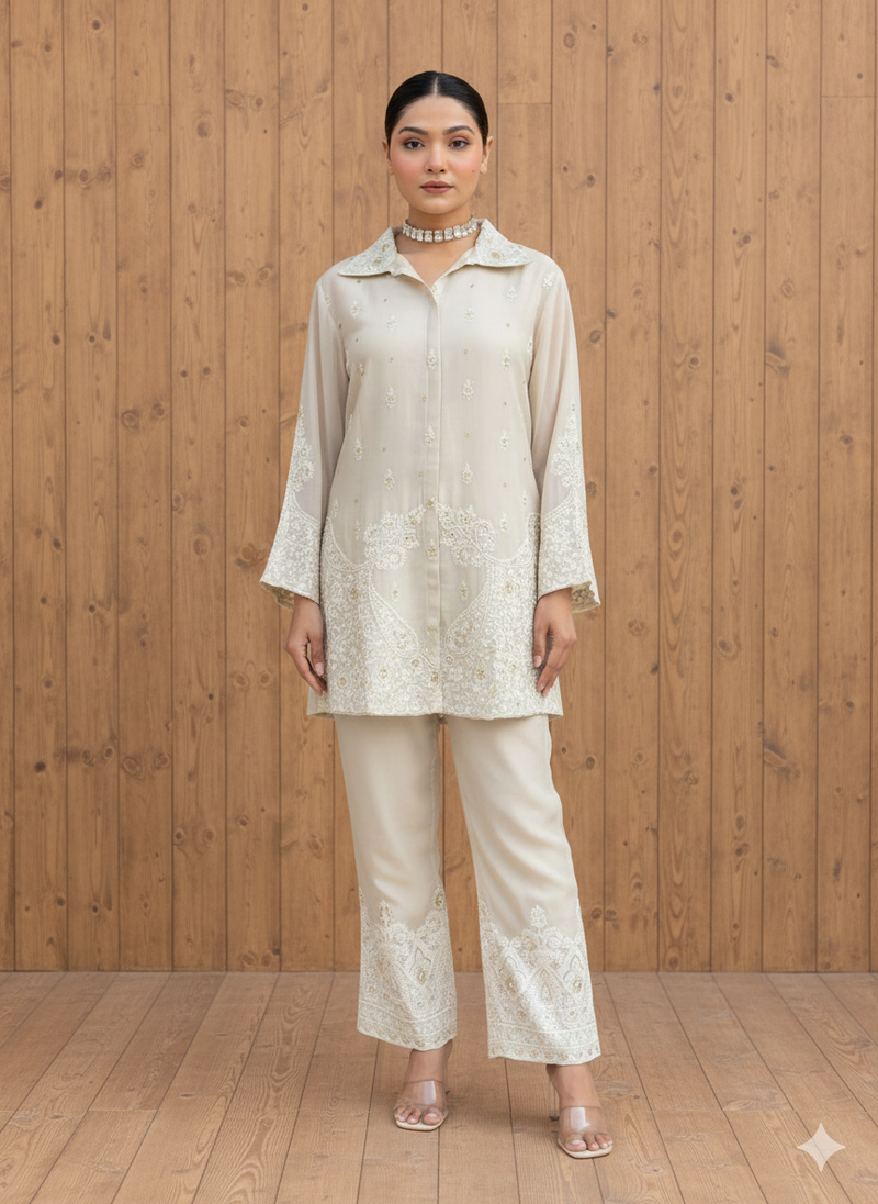 Premium Embroidered Chanderi Silk Co-ord Set for Women – Includes Top, Pants & Free Bracelet