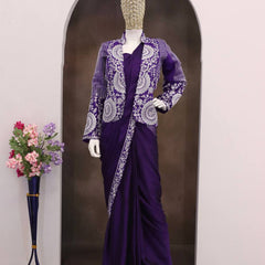 Purple Ready-to-Wear Heavy Rangoli Silk Saree with Embroidered Sequence Jacket (Koti) | 7 colours