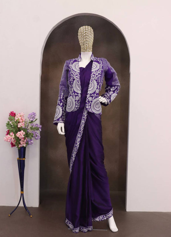 Purple Ready-to-Wear Heavy Rangoli Silk Saree with Embroidered Sequence Jacket (Koti) | 7 colours