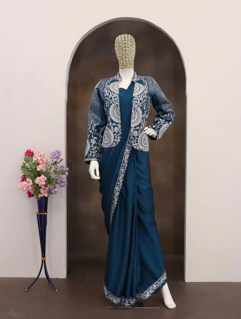 Rama Green Ready-to-Wear Heavy Rangoli Silk Saree with Embroidered Sequence Jacket (Koti) | 7 colours