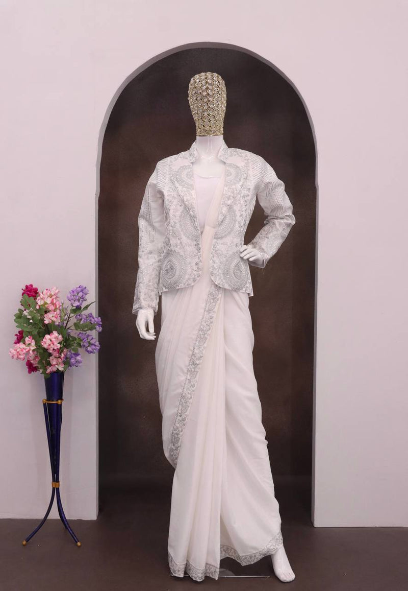 White Ready-to-Wear Heavy Rangoli Silk Saree with Embroidered Sequence Jacket (Koti) | 7 colours