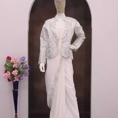 White Ready-to-Wear Heavy Rangoli Silk Saree with Embroidered Sequence Jacket (Koti) | 7 colours