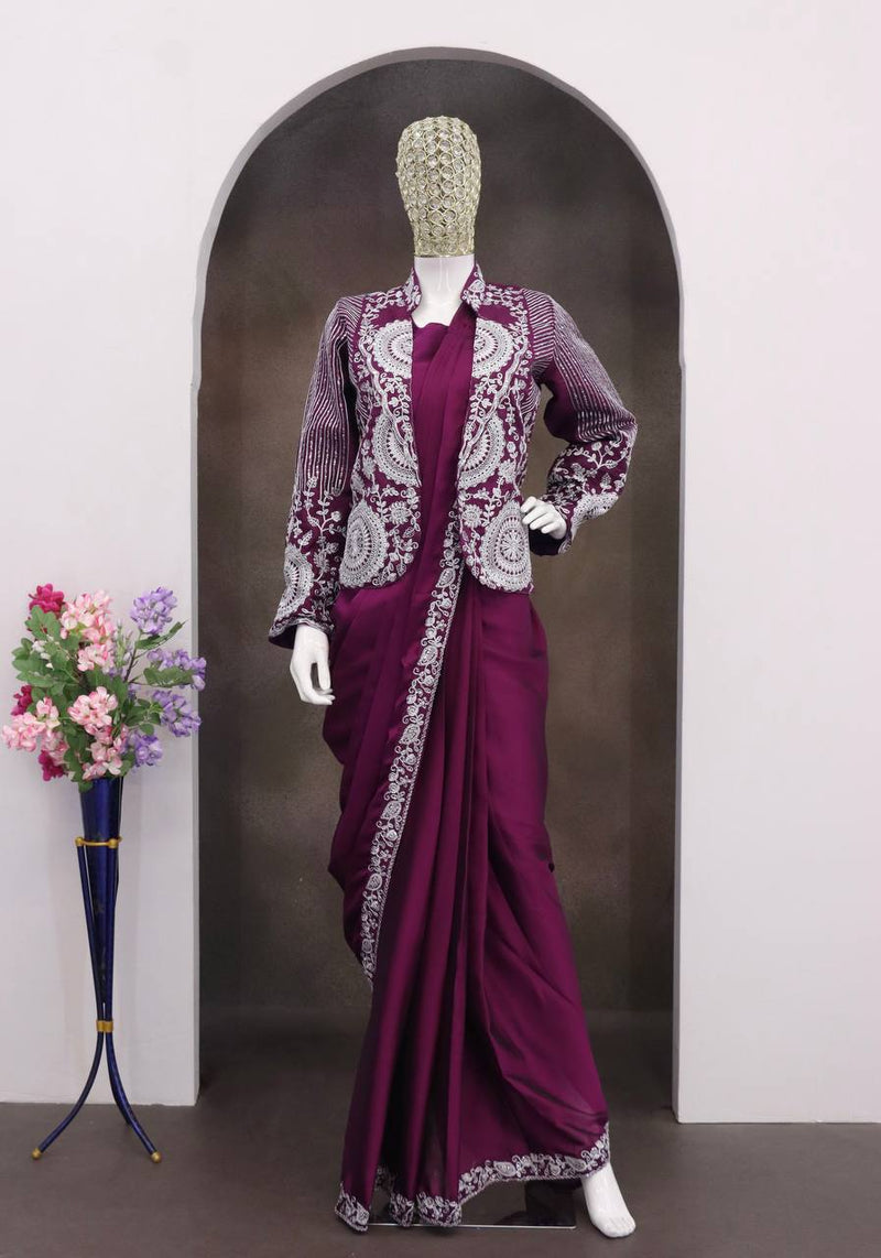 Wine Ready-to-Wear Heavy Rangoli Silk Saree with Embroidered Sequence Jacket (Koti) | 7 colours