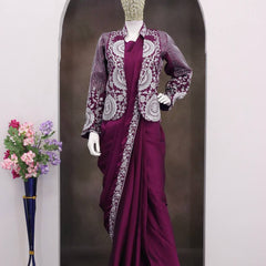 Wine Ready-to-Wear Heavy Rangoli Silk Saree with Embroidered Sequence Jacket (Koti) | 7 colours