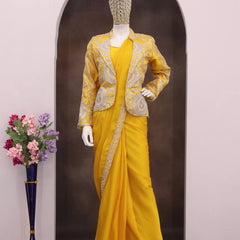 Yellow Ready-to-Wear Heavy Rangoli Silk Saree with Embroidered Sequence Jacket (Koti) | 7 colours