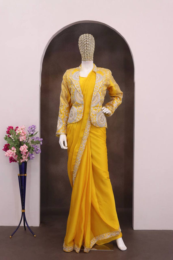Yellow Ready-to-Wear Heavy Rangoli Silk Saree with Embroidered Sequence Jacket (Koti) | 7 colours