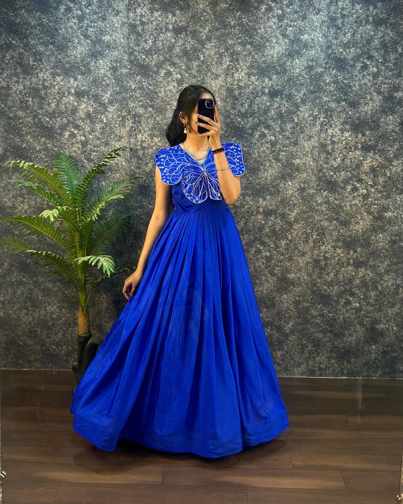 Designer chinon silk gown with butterfly pattern