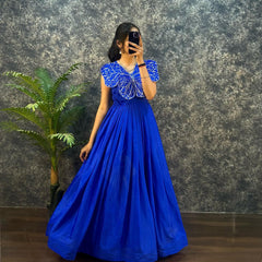 Designer chinon silk gown with butterfly pattern