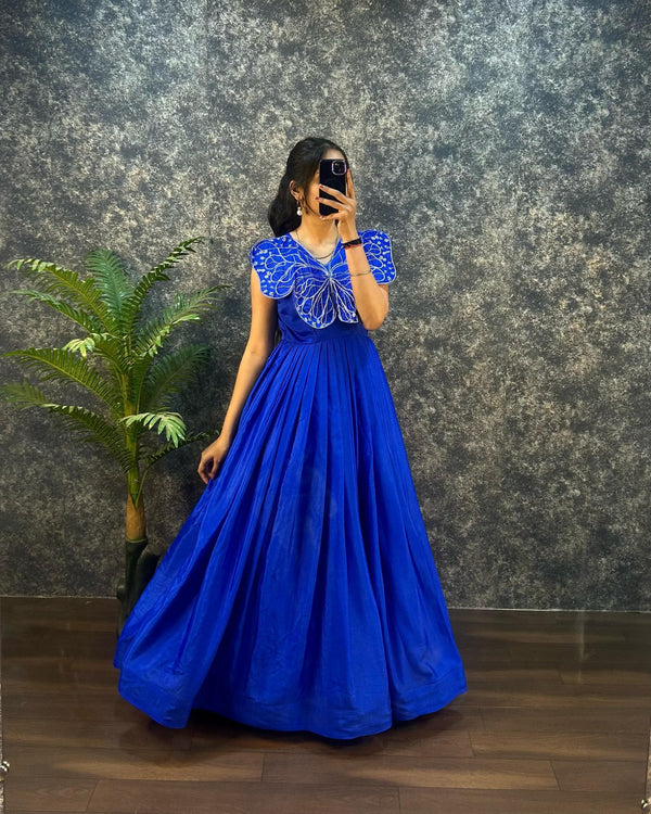 Designer chinon silk gown with butterfly pattern