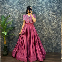 Designer chinon silk gown with butterfly pattern