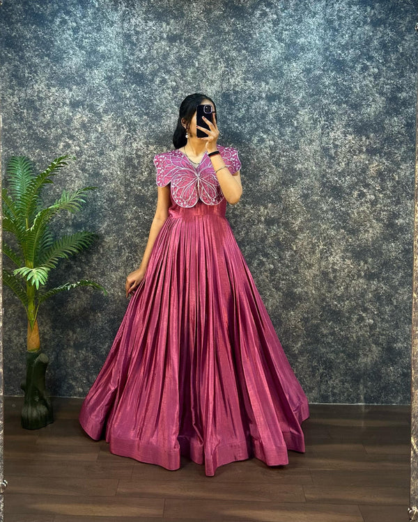 Designer chinon silk gown with butterfly pattern