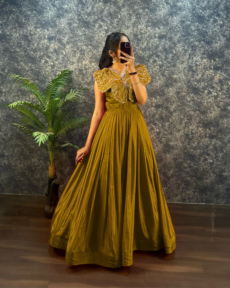 Designer chinon silk gown with butterfly pattern