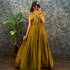 Designer chinon silk gown with butterfly pattern