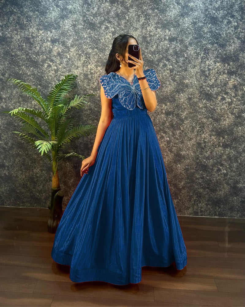 Designer chinon silk gown with butterfly pattern