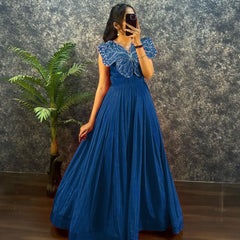 Designer chinon silk gown with butterfly pattern